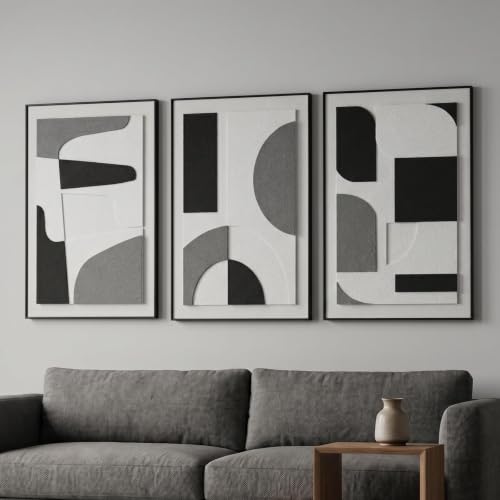 AMAATE 3Pcs 3D Sandstone Wall Art, Black Frame Abstract Geometric Relief - color: black white and gray, size: 16" x 24" inch