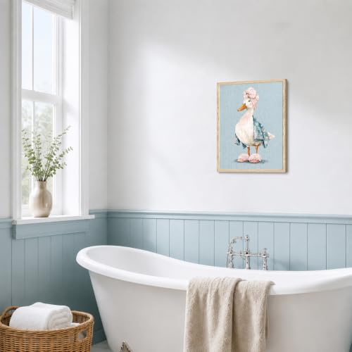 Framed Funny Duck Bathroom Wall Art, Cute Goose in Bathrobe Canvas Print - color: KJSM-06 Framed, size: 20"L x 16"W