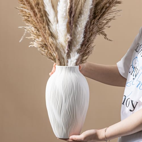 White Ceramic Vase for Pampas Grass, 9.2 Inch Wavy Textured Vase Gift - color: Windblown Texture Vase