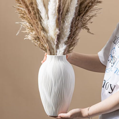 White Ceramic Vase for Pampas Grass, 9.2 Inch Wavy Textured Vase Gift - color: Windblown Texture Vase