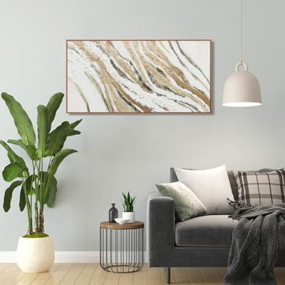 Framed White Gold Textured Abstract Canvas Wall Art For Living Room 20"X40" - color: Gold, size: 40"L x 20"W
