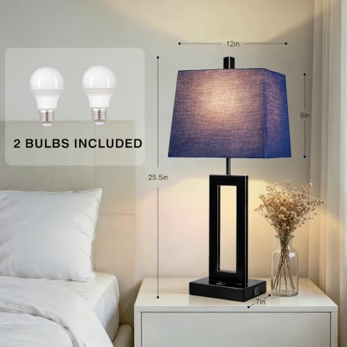 Cinkeda Blue Bedside Table Lamp Set of 2, Nightstand Lamps with USB Ports - color: E.Blue&Black