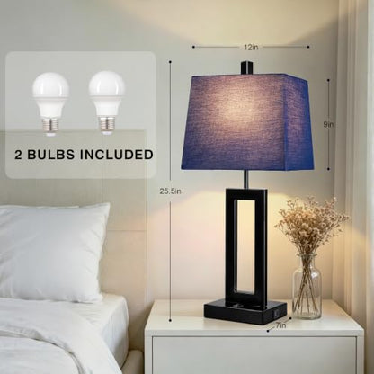 Cinkeda Blue Bedside Table Lamp Set of 2, Nightstand Lamps with USB Ports - color: E.Blue&Black