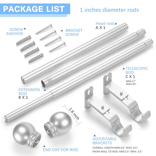 Curtain Rods for Windows 16-48", 1 In Silver Curtain Rod, 1 Pack - color: Satin Silver, size: 48" - 1'' rod - 1 Pack