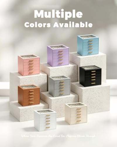 Homeanda Jewelry Boxes Organizer with Glass Lid, 5-Layer PU Leather, White - color: White, size: 5 Layer