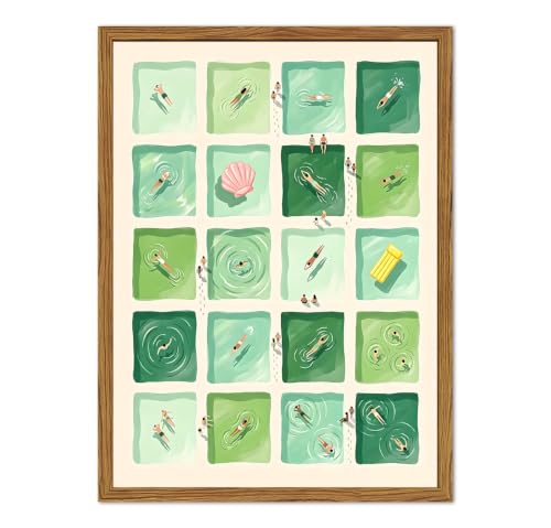 Framed Green Swimming Pool Wall Art, Mid Century Modern Summer Tiny Swimmers Pictures Wall Decor, Minimalist Coastal Paintings Canvas Prints Beachy Home Decor for Living Room Bathroom 12x16 inch - color: Green Pool, size: 16"L x 12"W