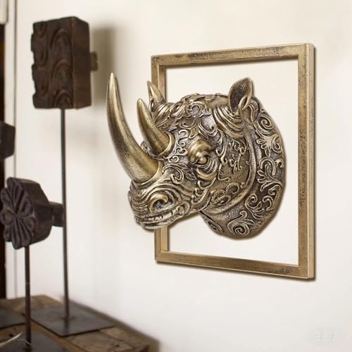 JJALIGHTS Exquisite Resin Animal Head Wall Sculpture (Gift Metal Frame) - Imitation Copper Vintage Decor for Living Room, Bedroom & Office | Decorative Wall Hanging Art (Rhinoceros) - color: Bronze Rhinoceros