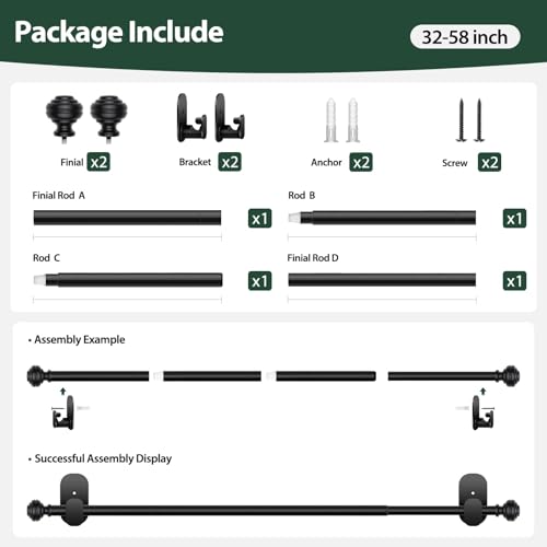 KAMANINA No Drill Curtain Rods for Windows 32 to 58 Inch, Adjustable, Black - color: Black, size: 32-58"