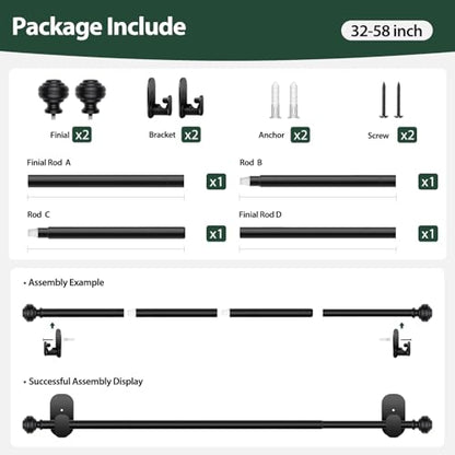 KAMANINA No Drill Curtain Rods for Windows 32 to 58 Inch, Adjustable, Black - color: Black, size: 32-58"
