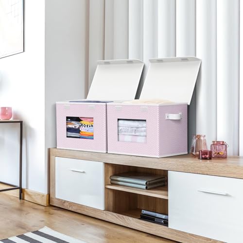 Univivi Fabric Foldable Storage Boxes with Lids, 4 Pack, Pink - color: Pink Polka Dot