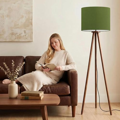Buruis 60.6 Inch Walnut Wood Tripod Floor Lamp with Linen Drum Shade, Green - color: Green
