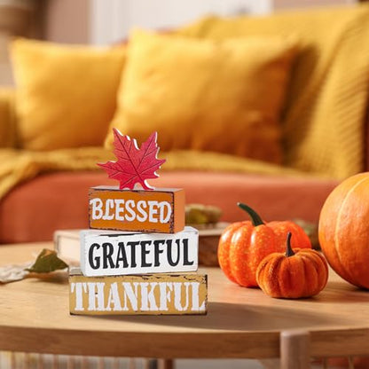 OLANRUN Thanksgiving Fall Decorations for Home, 4 PCS Wooden Fall Table Decor with Letter, Handmade Crafts Autumn Thanksgiving Decor Indoor for Office Farmhouse Home Bedroom Kitchen Mantel Tiered Tray - style: FALL - Maple Leaves
