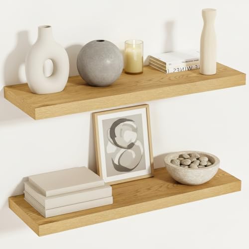 Vivelove 12 Inch Deep Floating Shelves, 24 X 12 Inch, Oak, Set of 2 - color: Oak, size: 23.6”wx12”dx1.5”h