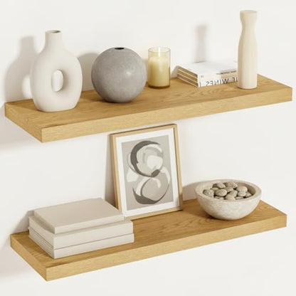 Vivelove 12 Inch Deep Floating Shelves, 24 X 12 Inch, Oak, Set of 2 - color: Oak, size: 23.6”wx12”dx1.5”h