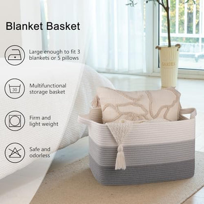 OIAHOMY Woven Blanket Basket Laundry Basket Dog Toy Basket Gradient Grey - color: Gradient Grey, size: 17.7”x13.8”x11”