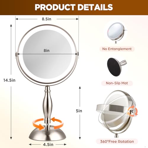 Makeup Mirror with Light - Brushed Nickel, 30x Makeup Mirror with 3 Colors - color: Brushed Nickel