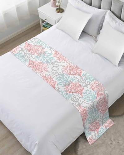 DecorLovee Red Blue Coral Coastal Bed Runners for Queen Size Bed, Beach Bed Throws for Foot of Bed, Nautical Bed Runner - color: Red Blue Coral, size: 83"x20" for Queen Bed
