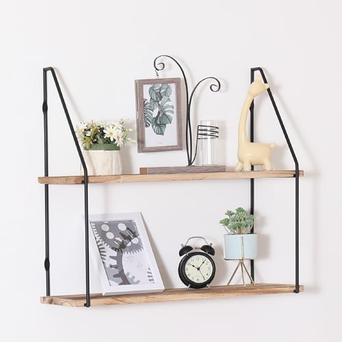 Floating Shelf with Metal Brackets Wall Mounted Rustic Wood Wall Storage Decorative Hanging Display for Trophy Photo Frames Collectibles and Much More 2-Tier – Natural Wood