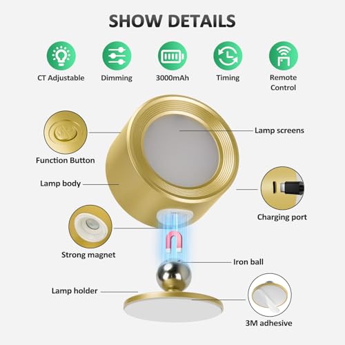 Racokky LED Wall Mounted Lights with Remote, Rechargeable Wall Sconces - color: Gold