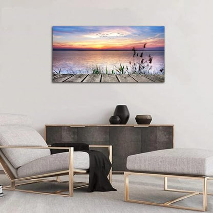 yearainn Sunset Lake Wall Art, Dock Reed Grass Flying Birds, 29" x 58" - color: Sunset Lake, size: 58"L x 29"W