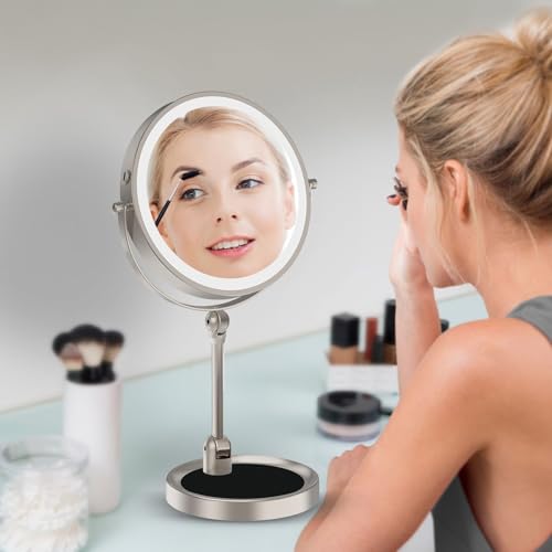 Rocollos Tabletop Makeup Mirror with Built-in Vanity Tray, 9" Rechargeable 4000mAh Lighted Vanity Mirror 1X/10X Magnification, Height-Adjustable Arm, 3 Color Dimmable (9Inch Nickel) - color: 9inch Nickel