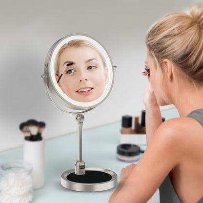 Rocollos Tabletop Makeup Mirror with Built-in Vanity Tray, 9" Rechargeable 4000mAh Lighted Vanity Mirror 1X/10X Magnification, Height-Adjustable Arm, 3 Color Dimmable (9Inch Nickel) - color: 9inch Nickel
