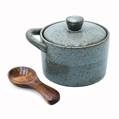 8 oz Ceramic Salt Cellar with Lid & Wooden Spoon,Countertop Salt Container,Sugar Bowl,Spices Jar| Artisan Kitchen Decor(Gray) - color: Gray