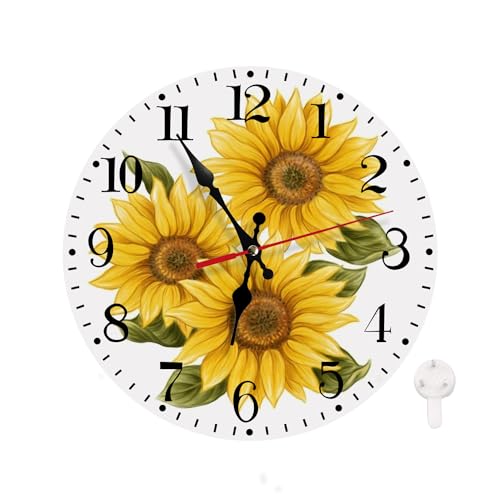 Ansouyi Round Wall Clock Battery Operated Clocks Wallclock 10 Inch,Yellow Sunflowers on White Silent Non Ticking Wall Clock for Living Room,Kitchen,Home,Bathroom,Bedroom,Office or School - color: Sunflowers