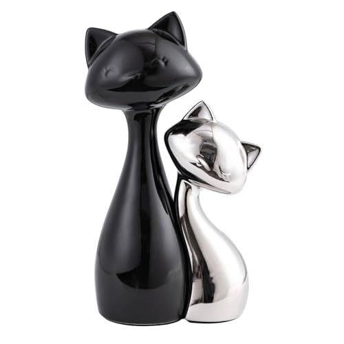 SURE YUESI Ceramic Cat Statue Set of 2, Black & Silver Cute Cat Figurines, Desk & Shelf Decor for Cat Lovers, Office Home Decor, Lucky Cat Memorial Gift for Women