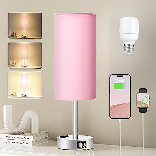 Fenmzee Pink Bedside Lamp for Bedroom, Dimmable Touch, USB A+C, AC Outlet - color: Pink - Silver, size: 14"