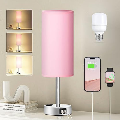 Fenmzee Pink Bedside Lamp for Bedroom, Dimmable Touch, USB A+C, AC Outlet - color: Pink - Silver, size: 14"