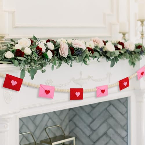 DAZONGE Retro Valentines Day Decor, Felt Envelope Wood Bead Valentines Garland Banner, Valentine’s Day Banner for Wedding, Anniversary Decor - color: Pink & Red
