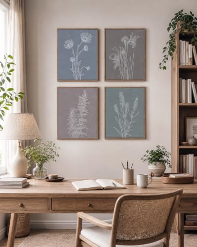 InSimSea Framed Botanical Wall Art, 4 Piece Boho Floral Line Prints - color: Botanical Line Sketch Set
