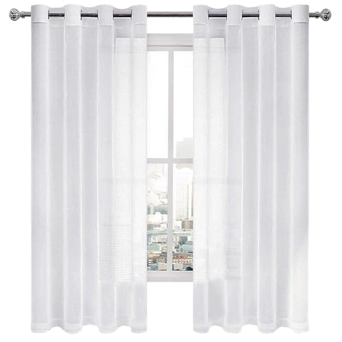 DWCN White Sheer Curtains for Living Room Linen Look Voile Drapes Grommet Window Curtain Panel 52 x 63 Inch Long, Set of 2 Panels - color: White, size: 52"W x 63"L (Pack of 2)