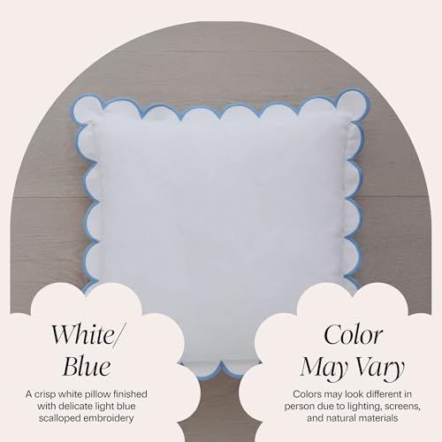 BEBE BASK Scalloped Pillow Cover Set of 2, 18x18, 100% Cotton - White/Blue - color: White/Blue