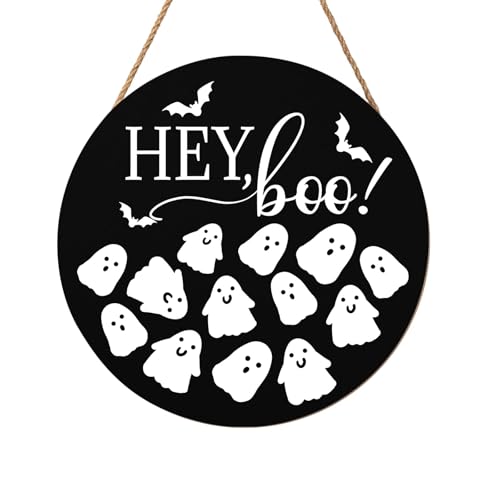 Hey Boo Sign 12x12 Inch Halloween Wreaths for Front Door Halloween Ghost Wood Door Hanger Black Boo Sign Farmhouse Holiday Decorations Wall Hanging Plaque for Trick or Treat Party Inside Outside - color: Halloween Ghost - Hey Boo