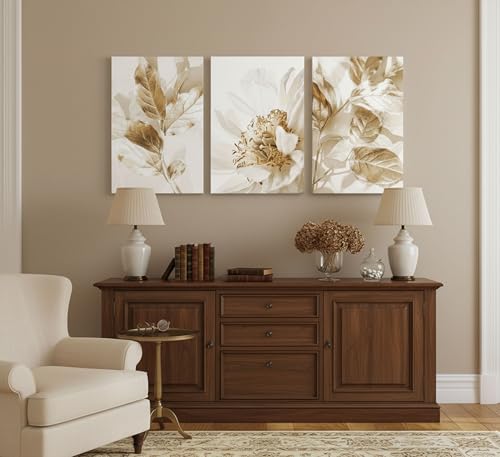 LAJDXSX 3 Pcs Modern White Floral Golden Leaves Canvas Wall Art - color: Platinum Flowers, size: 12x16in-Canvas
