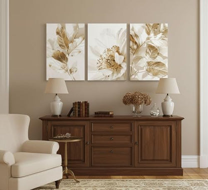 LAJDXSX 3 Pcs Modern White Floral Golden Leaves Canvas Wall Art - color: Platinum Flowers, size: 12x16in-Canvas