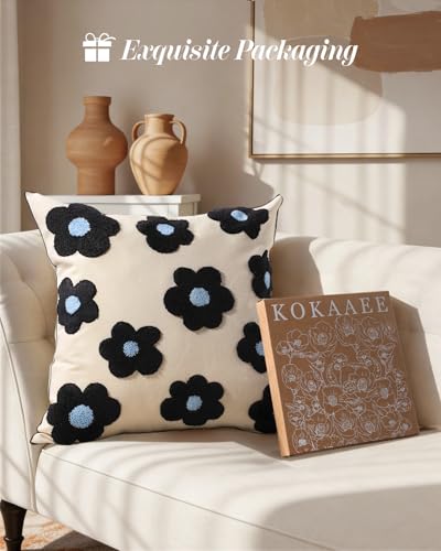 Embroidered Throw Pillow Cover 18x18 Inch, Black Flowers - color: Black Flowers, size: 18" x 18" (Pack of 1)