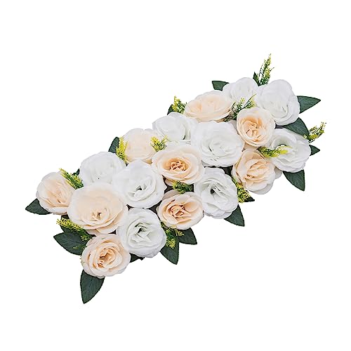 DYNAMI Wedding Dining Table Flower Centerpiece,10Pcs 19.7 * 9.8 in Artificial Rose Flowers Arrangements, Table Runner Road Lead Decorations Floral Centerpiece,for Party Table Decor (Champagne+White)
