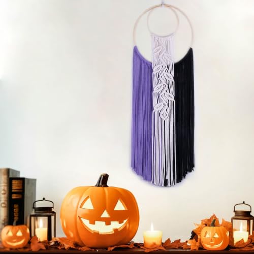 LB Halloween Macrame Wall Hanging, Purple Black Handmade Woven Tapestry with Double Bamboo Rings Wall Decor Boho Macrame Wall Art for Halloween Party Fireplace Farmhouse Fall Home Decor,10X30 Inch - color: Black Purple