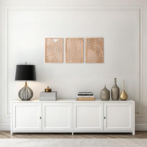 qmmp Modern Wooden Wall Sculptures - Set of 3 - Home Decor Accent - Large Wall Art for Living Room, Bedroom, Office - Easy Installation (Oak, Medium - Orbit) - color: Oak, size: Medium - Round