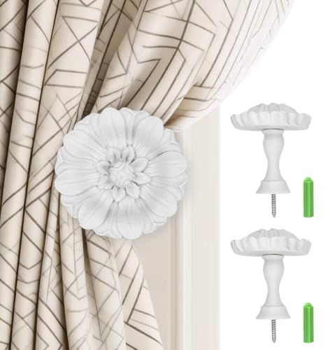Remunkia Curtain Holdbacks, Gold Curtain Holdbacks Vintage, Curtain Tiebacks Wall Mounted, Classic and Useful Curtain Hooks for Wall, Window Treatment Holdbacks (2, Daisy, White) - color: Daisy, White