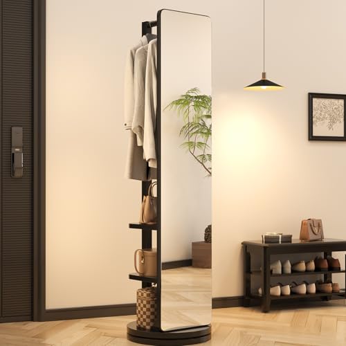 WoodsWhisper Full Length Mirror Coat Rack Solid Wood Floor Mirror 70"x16" Full Length Mirror with Stand Long Mirrors for Bedroom,Living Room (Black, 70" L x 16" W) - color: Black, size: 70"L x 16"W