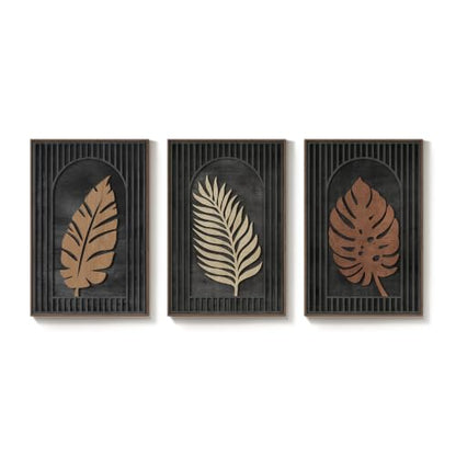 Framed 3D Wood Tropical Botanical Textured Wall Decor Living Room, 24x36 In - color: Black Brown