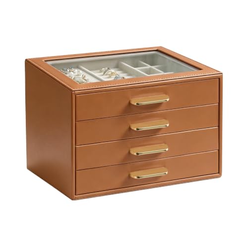 Homeanda Jewelry Boxes Organizer with Glass Lid, 4-Layer PU Leather, Brown - color: Brown, size: 4 Layer