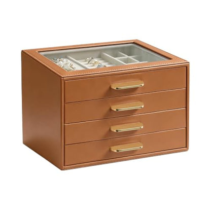 Homeanda Jewelry Boxes Organizer with Glass Lid, 4-Layer PU Leather, Brown - color: Brown, size: 4 Layer