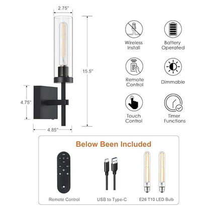 SANTOSTOCK Black Wireless Wall Sconces with Remote Control, Battery Operated Wall Sconce Set of 2, Rechargeable Dimmable Wall Lights for Bedroom Living Room Bathroom Hallway Entryway Stairwell, 3000K - color: Black & Clear Glass, size: Battery 16 Inch