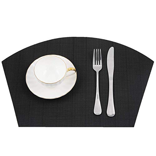 SHACOS Small Round Table Placemats Wedge Placemat Set of 4 Non Slip Heat Resistant Woven Vinyl Table Mats Wipe Clean Indoor Outdoor (4, Black) - color: Black