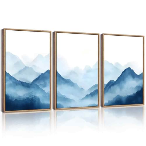 Drsoum Blue Fog Mountains Landscape Wall Art Framed Vintage Nature Misty Nordic Prints Ink Wash Watercolor Boho Farmhouse Rustic Artwork Hallway Bedroom Ready to Hang 16x24in Natural Framed - color: Fog Forest, size: 24L" x 16W", Natural Framed